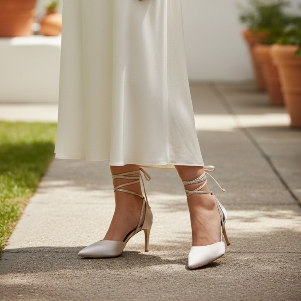 Jewel by Badgley Mischka champagne Satin Heels with rhinestone embellished strap